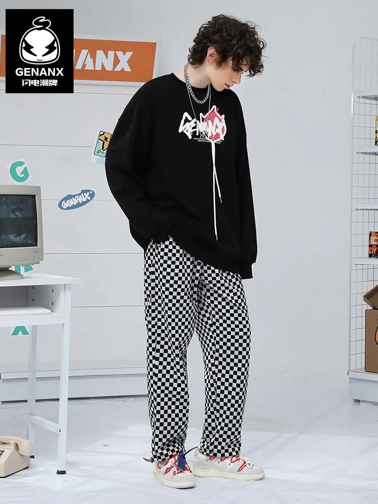 Checkerboard Label Stretch Rope Casual Pants