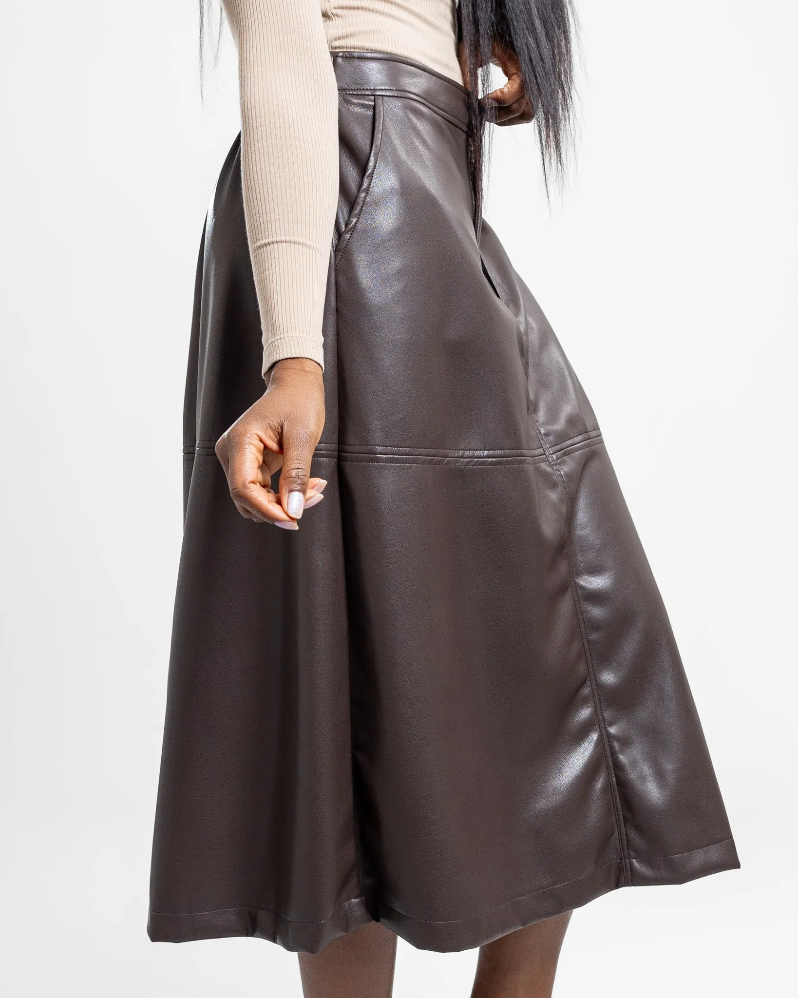 Chocolate Brown Faux Leather Beatrix Midi Skirt