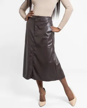Chocolate Brown Faux Leather Beatrix Midi Skirt