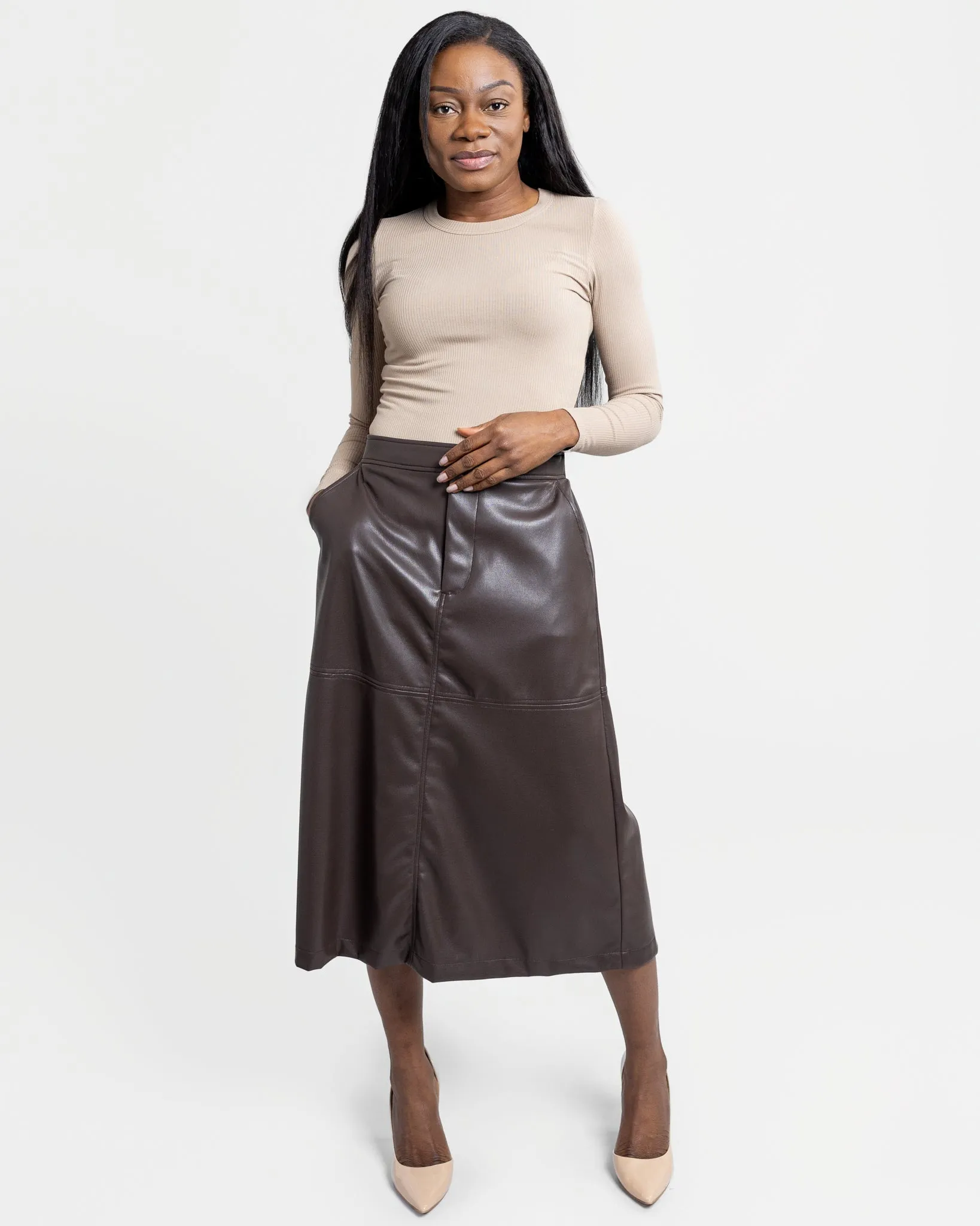 Chocolate Brown Faux Leather Beatrix Midi Skirt