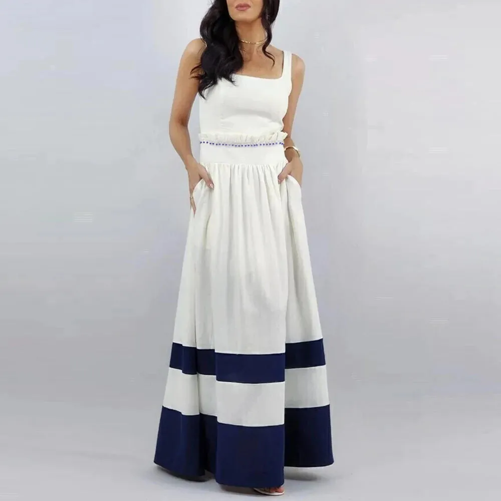 Colorblock Elegant Slimming Dresses For Women Square Collar Sleeveless High Waist Backless Minimalist Dress Female Fashion