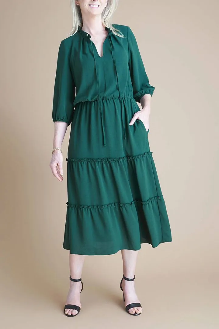 Connected Apparel split tie neck 3/4 sleeve solid tiered silhouette crepe dress
