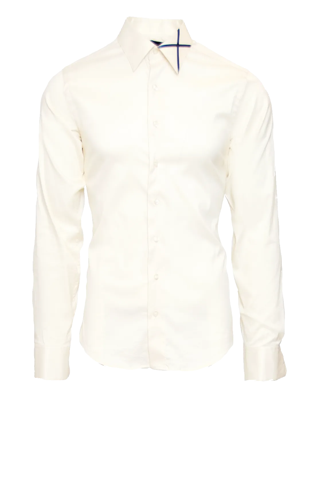 CRISP CREAM FITTED COTTON DRESS SHIRT W/ NAVY SATIN X ICON