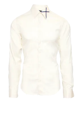 CRISP CREAM FITTED COTTON DRESS SHIRT W/ NAVY SATIN X ICON