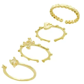 Cross Heart 14K Gold Adjustable Dainty Ring Set