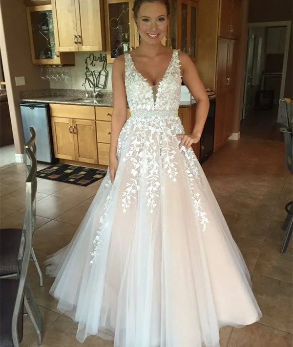 Custom Made A-Line V-Neck Lace Champagne Prom Dresses, Lace Tulle Formal Dresses, Evening Dresses