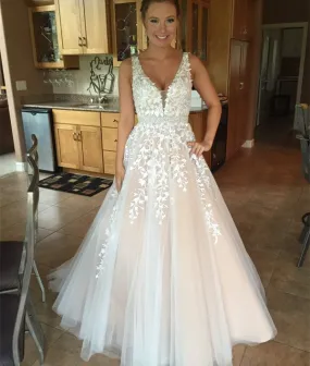 Custom Made A-Line V-Neck Lace Champagne Prom Dresses, Lace Tulle Formal Dresses, Evening Dresses