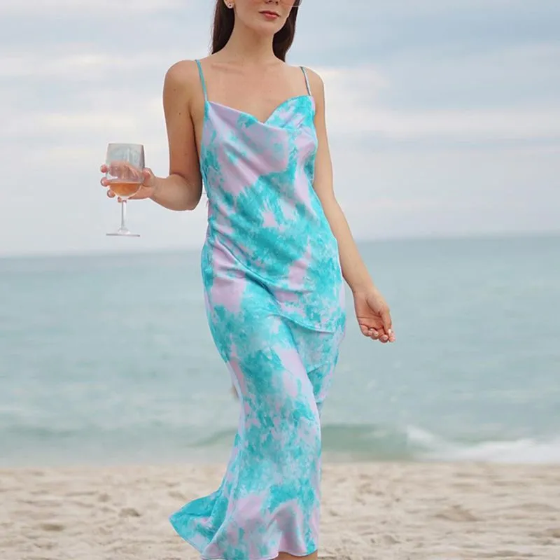 Cute Solid Color Cowl Neck Slip Long Satin Dress Low Back