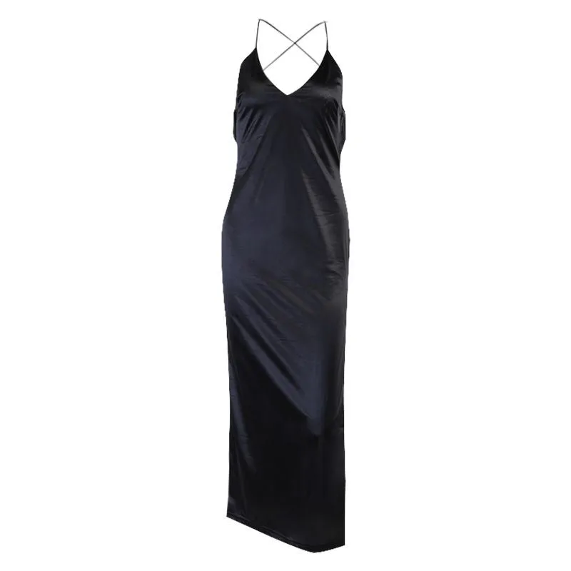Cute Solid Color Cowl Neck Slip Long Satin Dress Low Back
