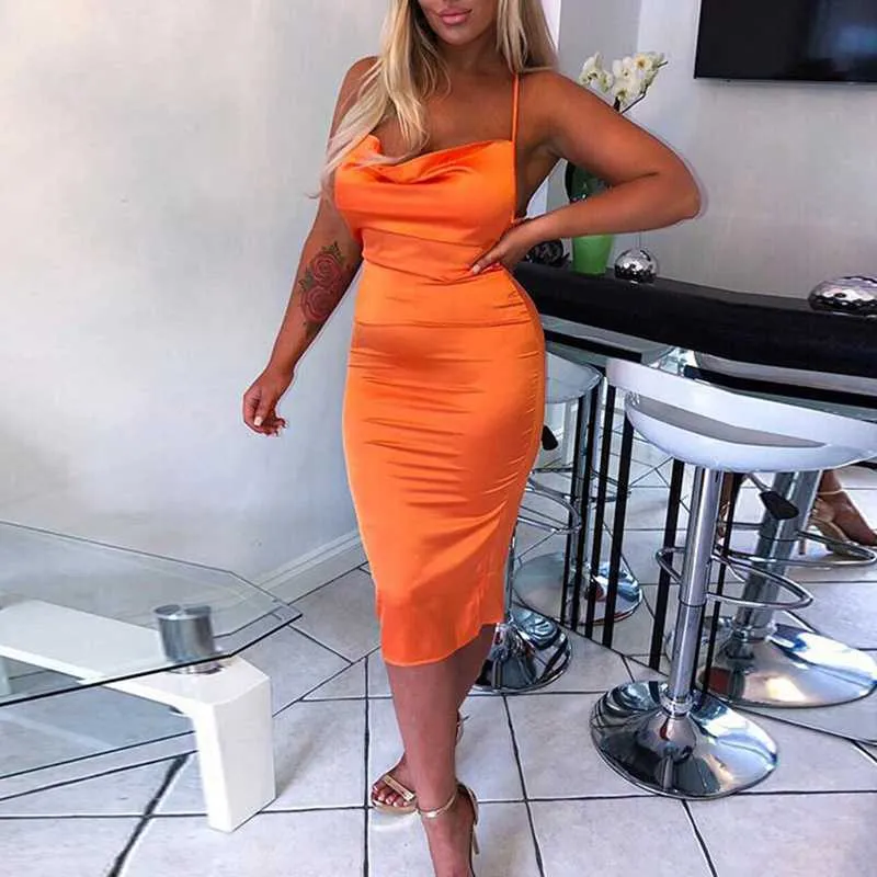 Cute Solid Color Cowl Neck Slip Long Satin Dress Low Back