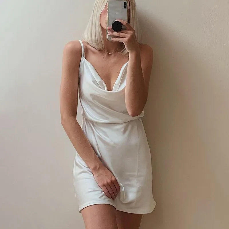 Cute Solid Color Cowl Neck Slip Long Satin Dress Low Back