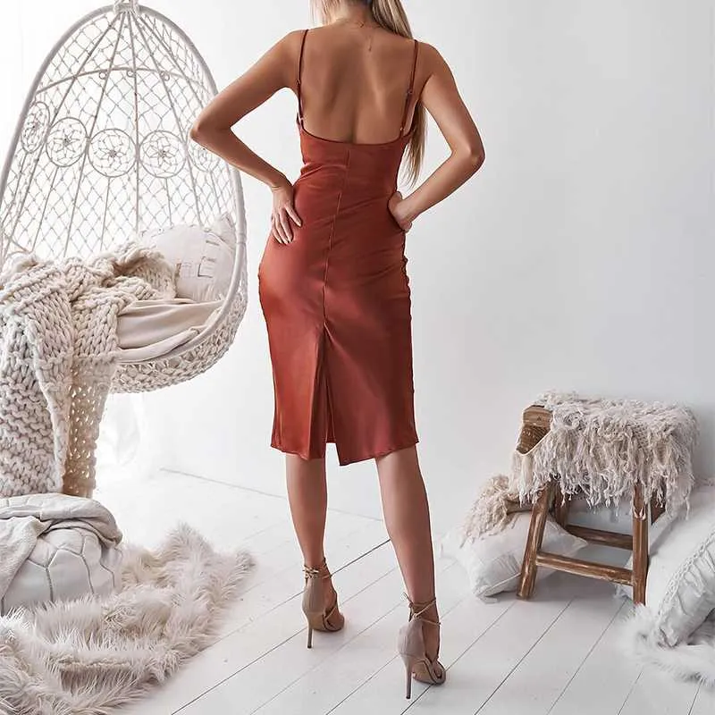 Cute Solid Color Cowl Neck Slip Long Satin Dress Low Back