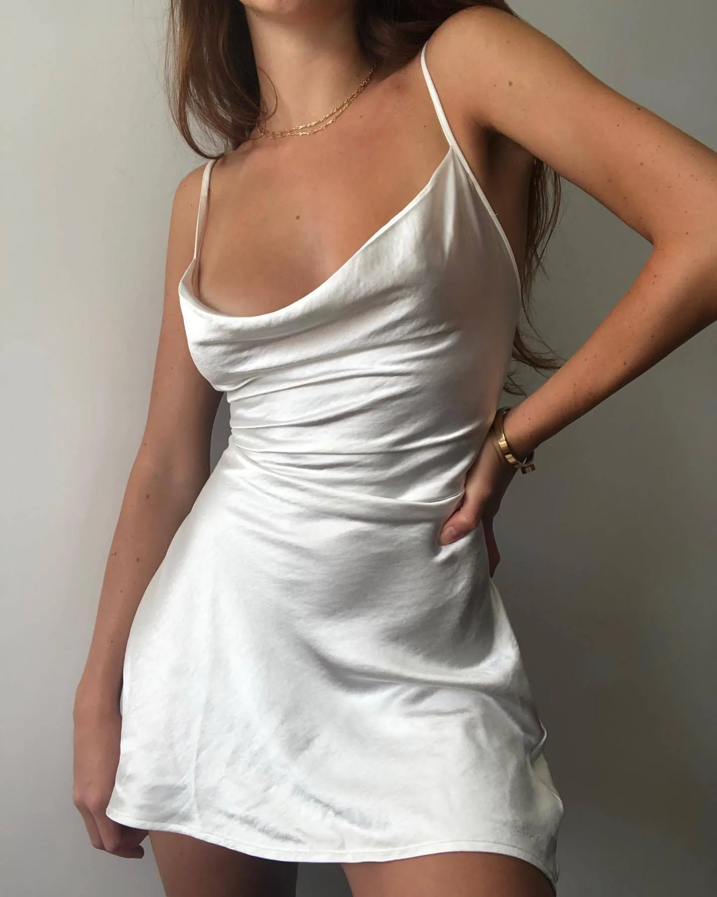Cute Solid Color Cowl Neck Slip Long Satin Dress Low Back