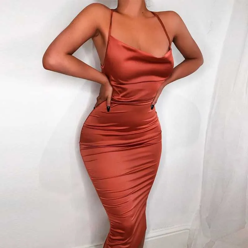 Cute Solid Color Cowl Neck Slip Long Satin Dress Low Back