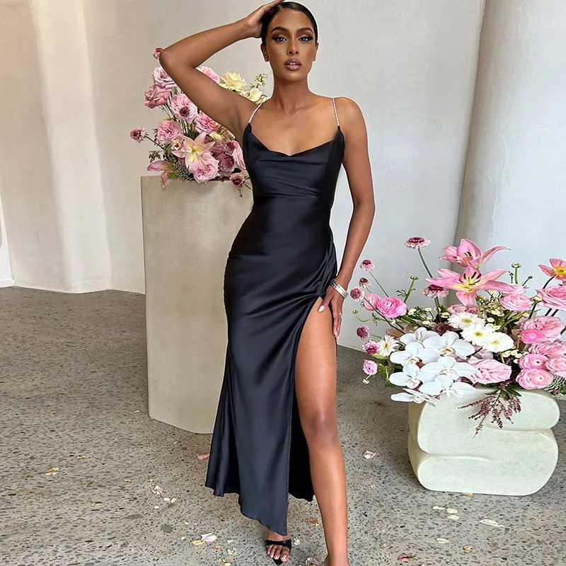 Cute Solid Color Cowl Neck Slip Long Satin Dress Low Back