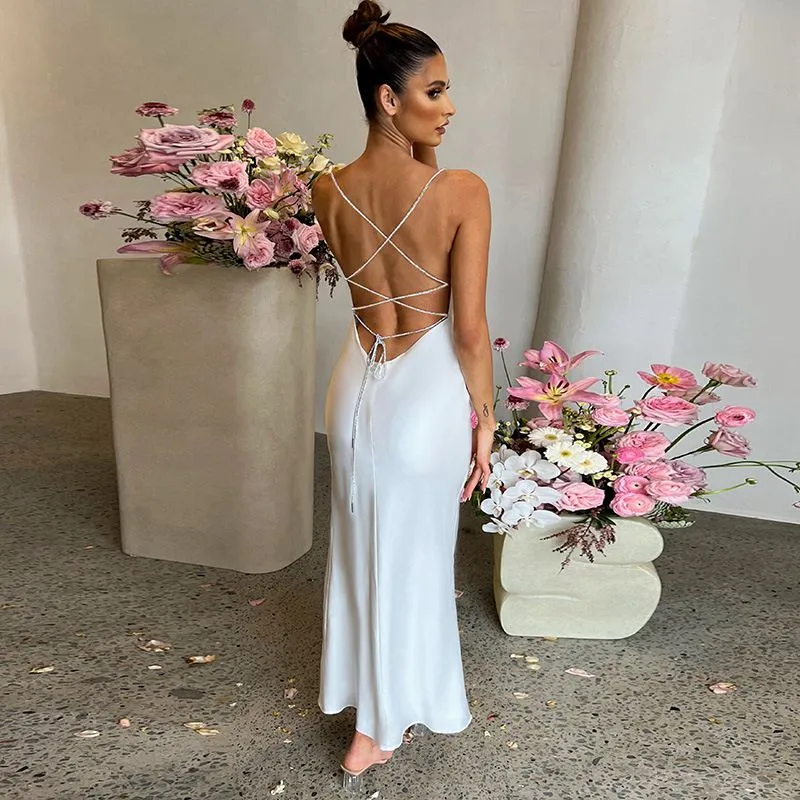 Cute Solid Color Cowl Neck Slip Long Satin Dress Low Back