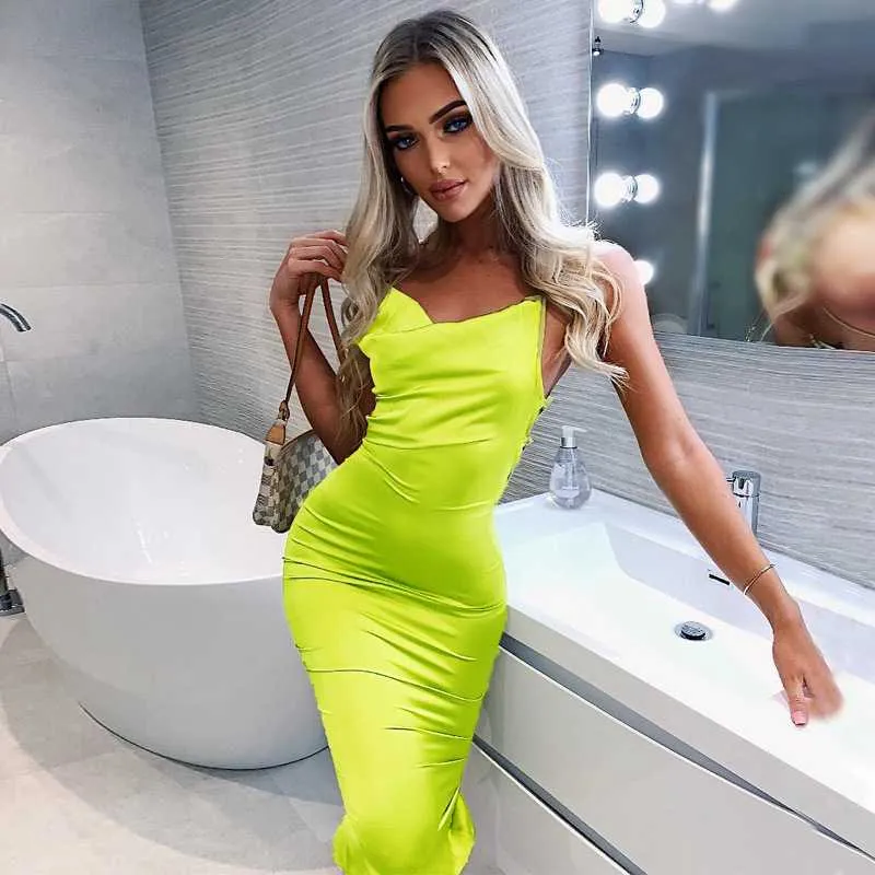 Cute Solid Color Cowl Neck Slip Long Satin Dress Low Back