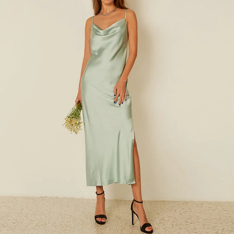 Cute Solid Color Cowl Neck Slip Long Satin Dress Low Back