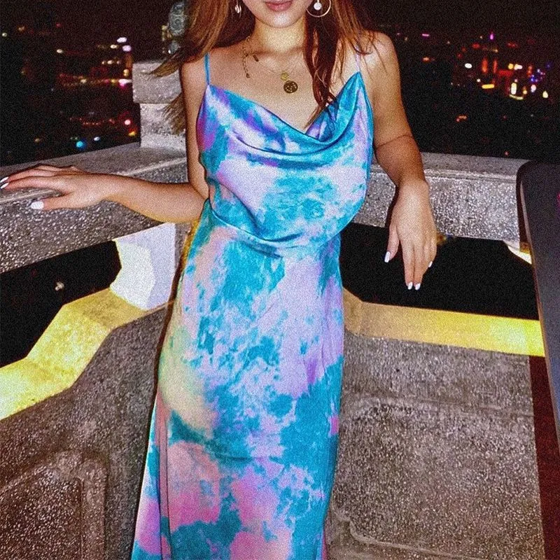 Cute Solid Color Cowl Neck Slip Long Satin Dress Low Back