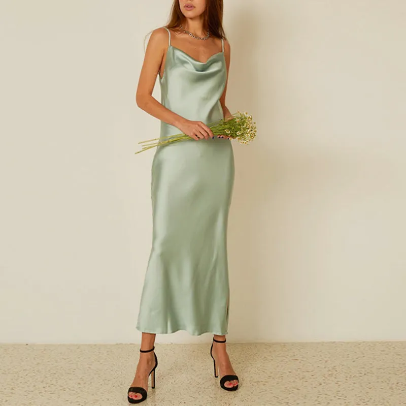 Cute Solid Color Cowl Neck Slip Long Satin Dress Low Back