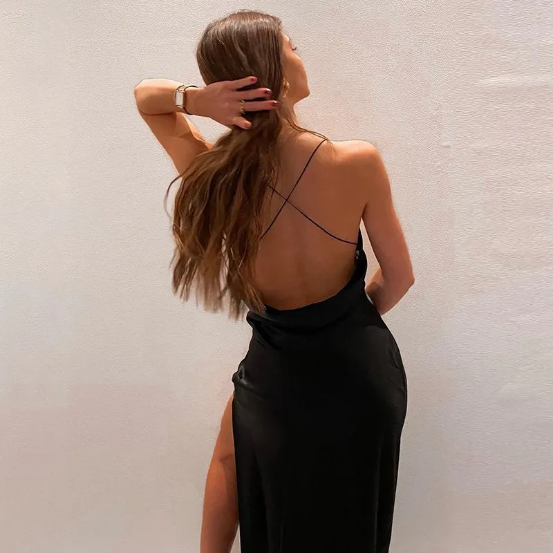 Cute Solid Color Cowl Neck Slip Long Satin Dress Low Back