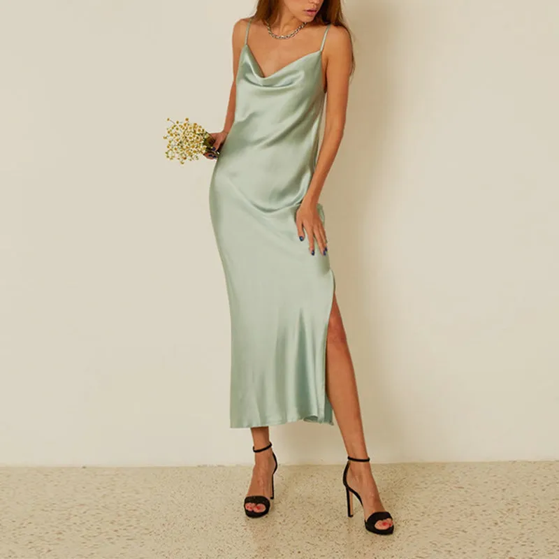 Cute Solid Color Cowl Neck Slip Long Satin Dress Low Back