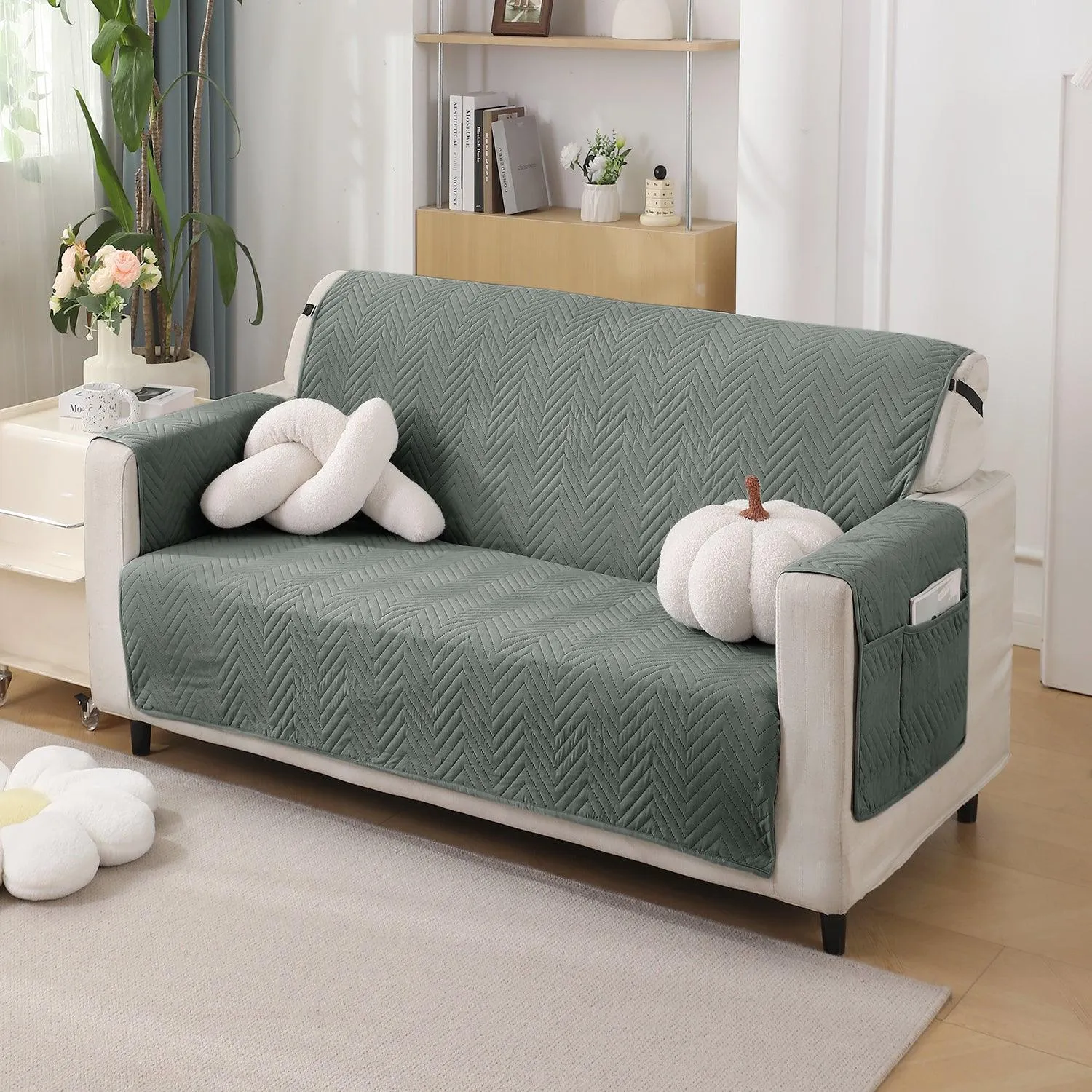 Dark Grey Quilted Sofa Mat Cover with Pockets | Non-Slip & Full Fitted | 1/2/3 Seater