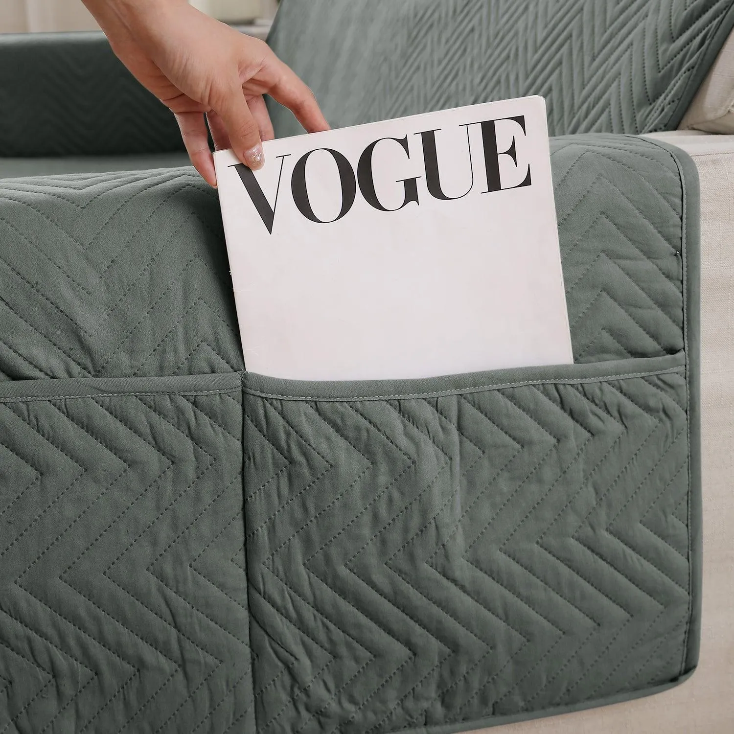 Dark Grey Quilted Sofa Mat Cover with Pockets | Non-Slip & Full Fitted | 1/2/3 Seater
