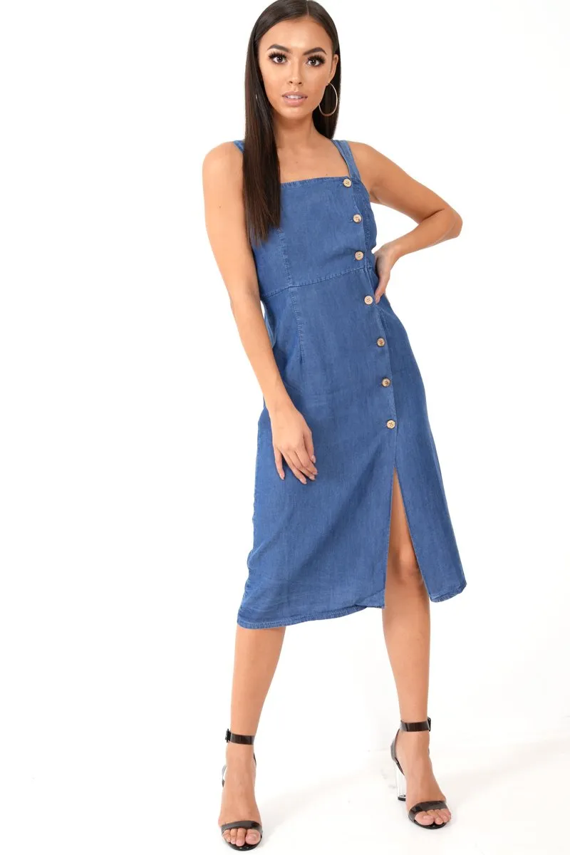 Denim Button Front Wide Strap Midi Dress - Raffaella