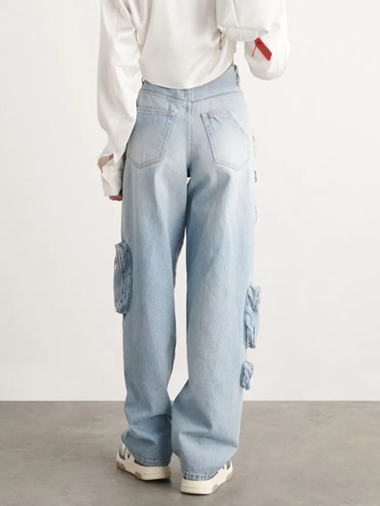 Denim High Waist Loose  Pockets Jeans