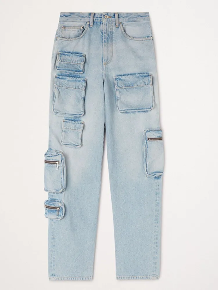 Denim High Waist Loose  Pockets Jeans