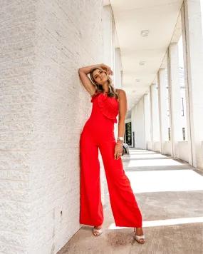 Do Be Red Strapless Ruffle Jumpsuit- Size S
