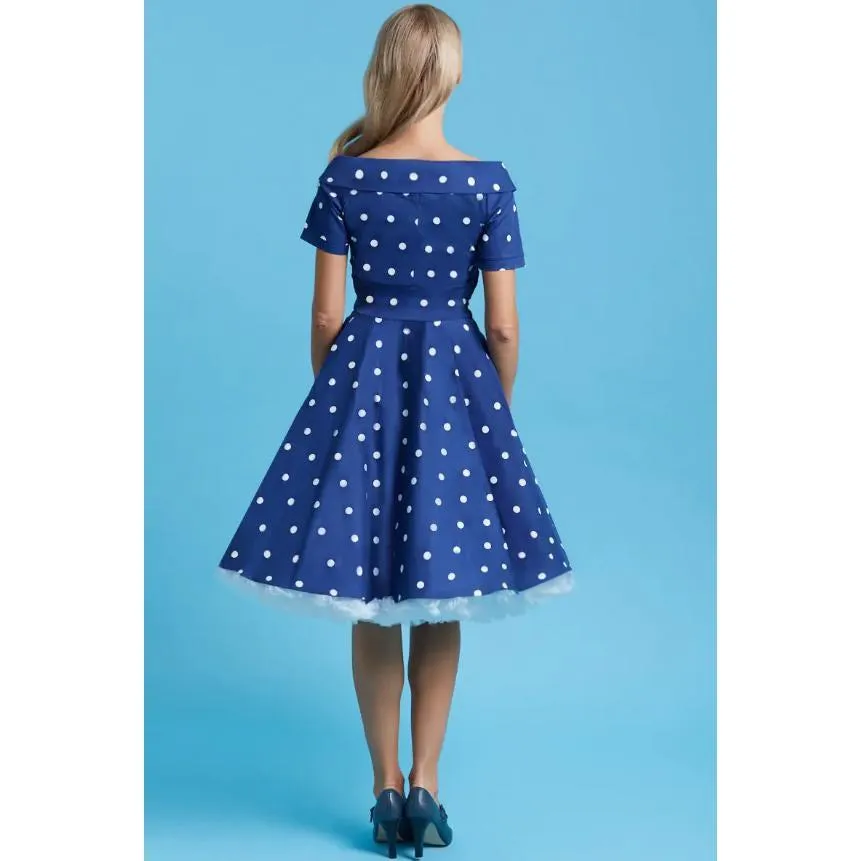 Dolly & Dotty Darlene Dress in Navy Blue with White Polka Dots
