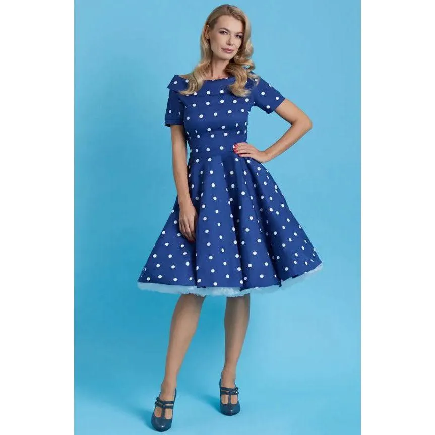 Dolly & Dotty Darlene Dress in Navy Blue with White Polka Dots