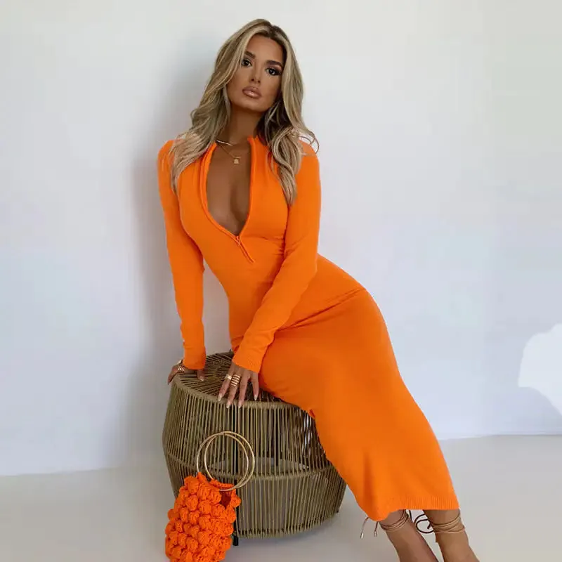 Don't Look Away Zipper Midi Dress^