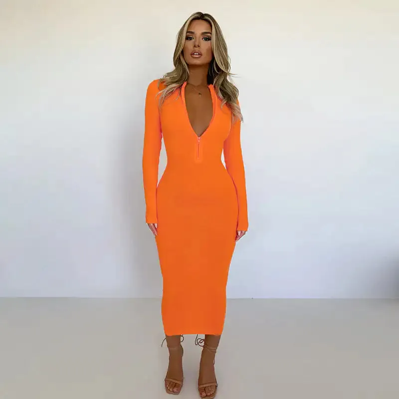 Don't Look Away Zipper Midi Dress^