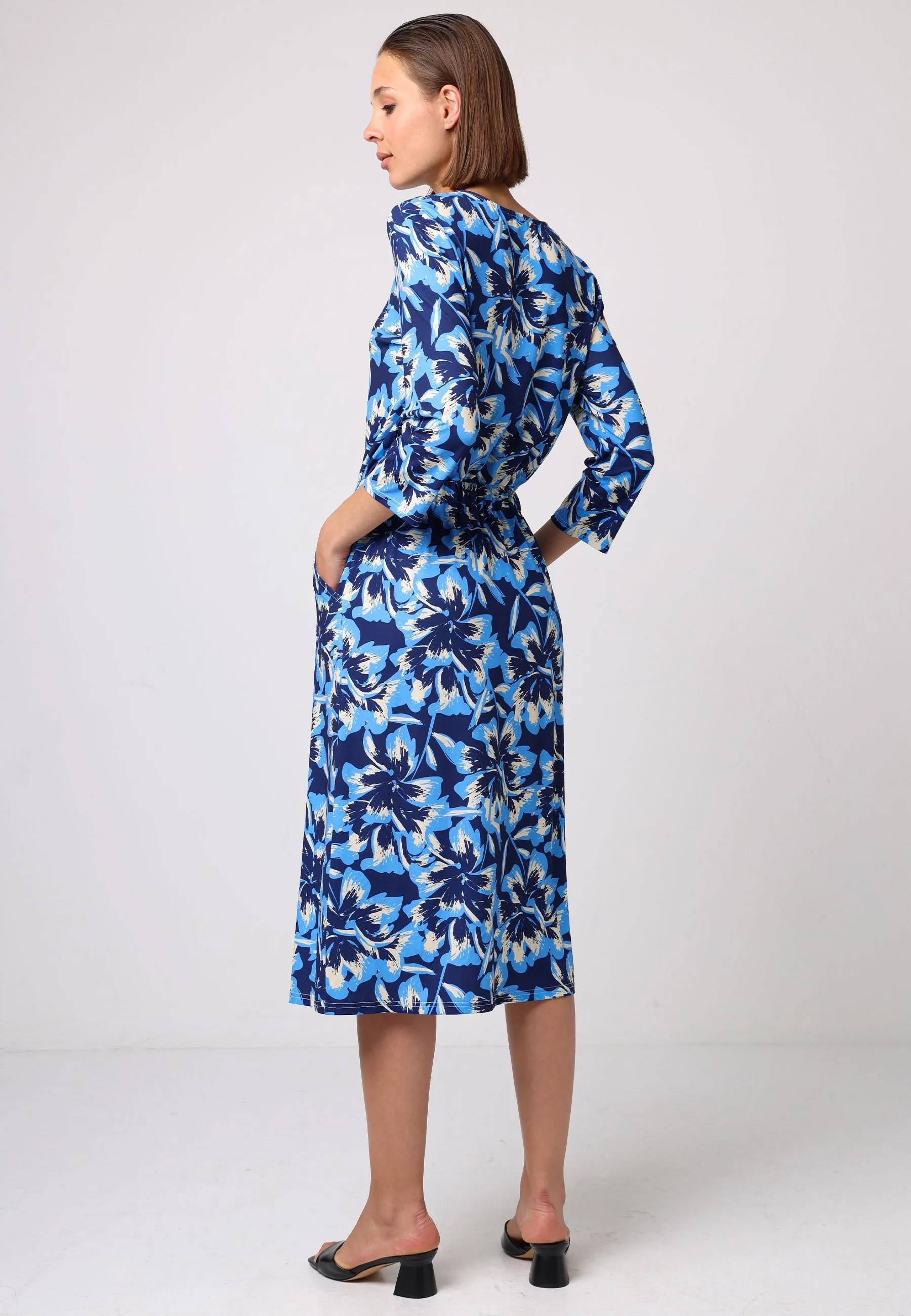Elasticated Waist Midi Dress In Blue Floral Print