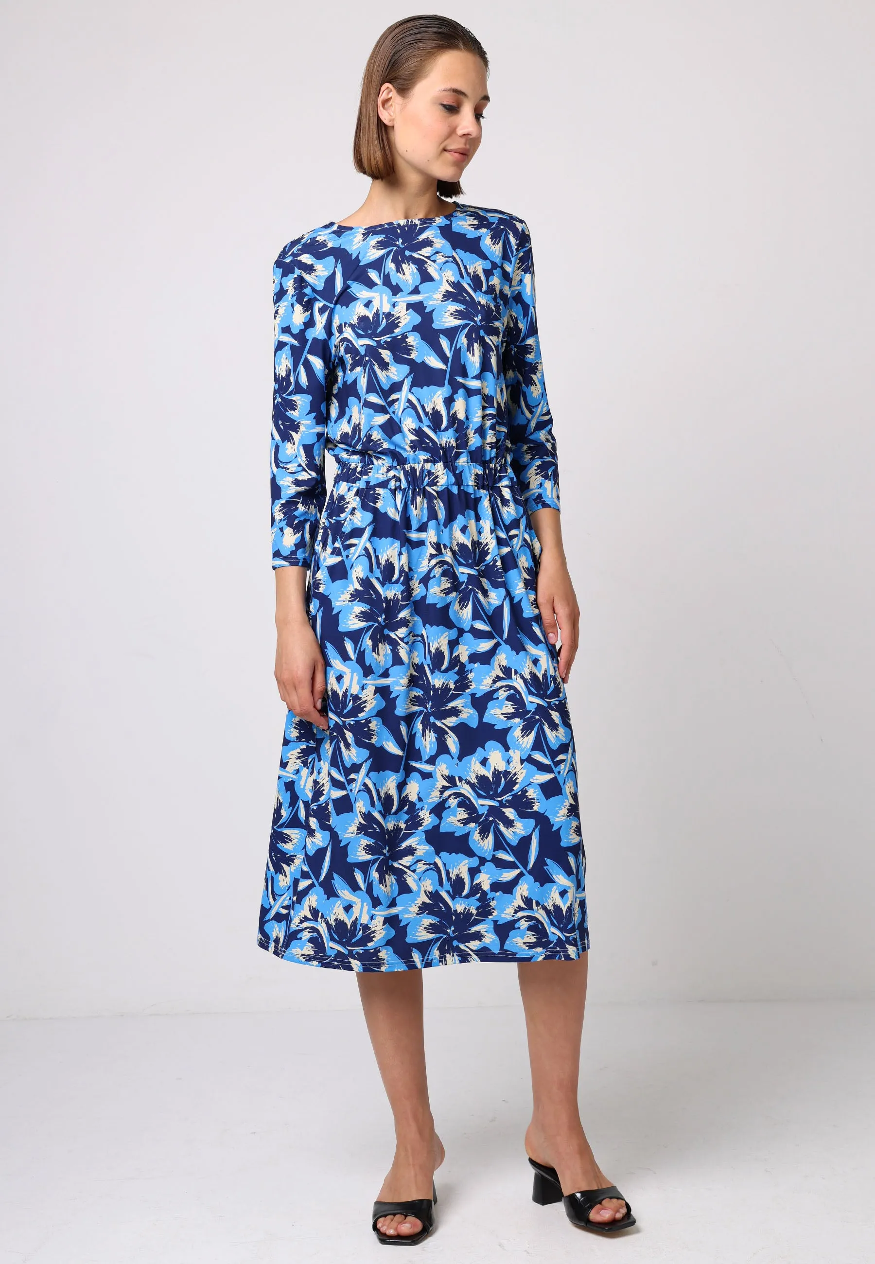 Elasticated Waist Midi Dress In Blue Floral Print