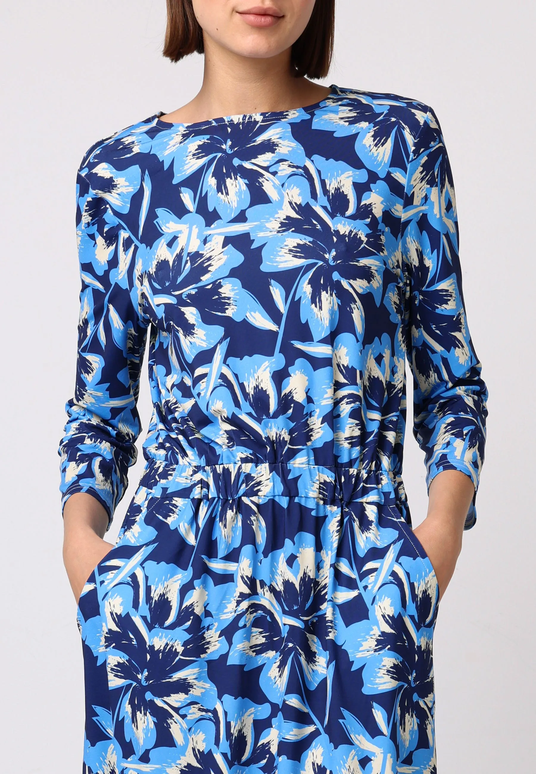 Elasticated Waist Midi Dress In Blue Floral Print