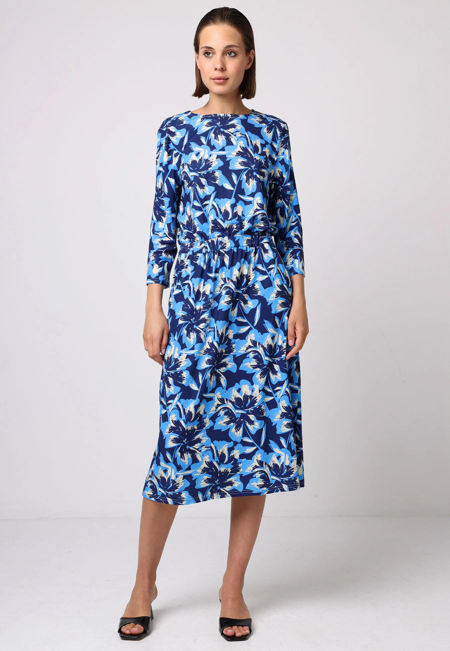 Elasticated Waist Midi Dress In Blue Floral Print