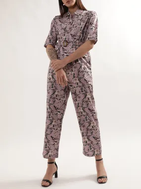 Elle Women Mauve Printed Collar Jumpsuit