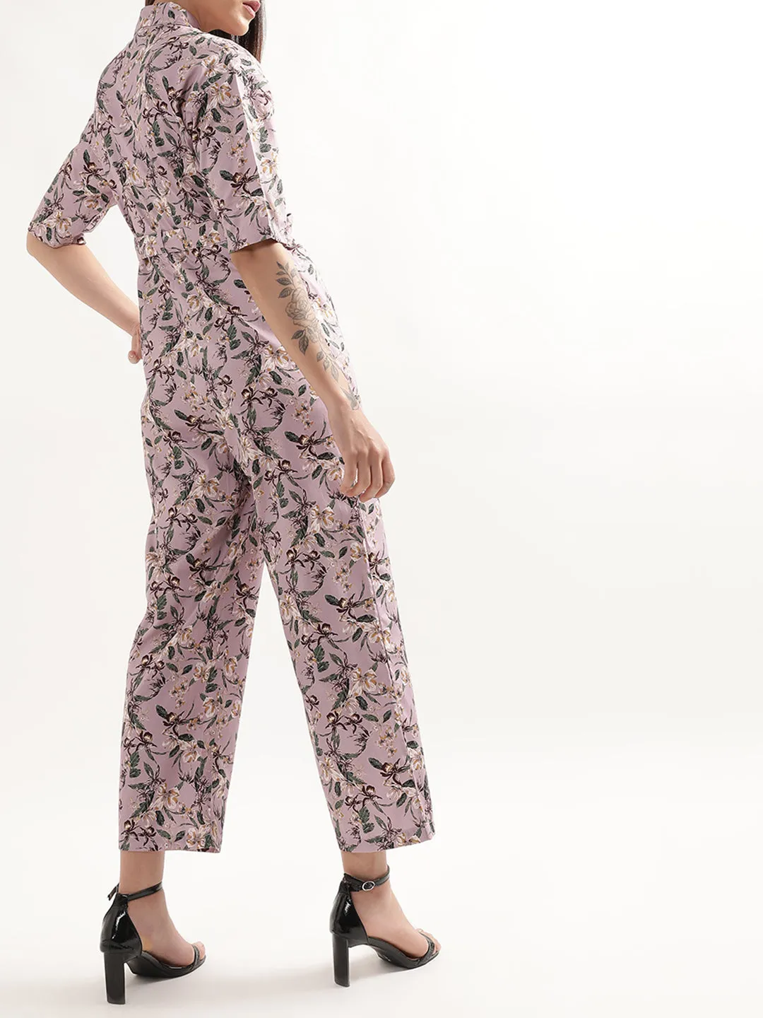 Elle Women Mauve Printed Collar Jumpsuit