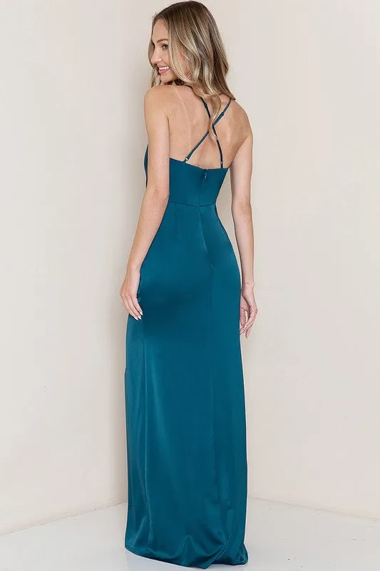 Emerald Cowl Neck Satin Shirring Slit Side Maxi Dress