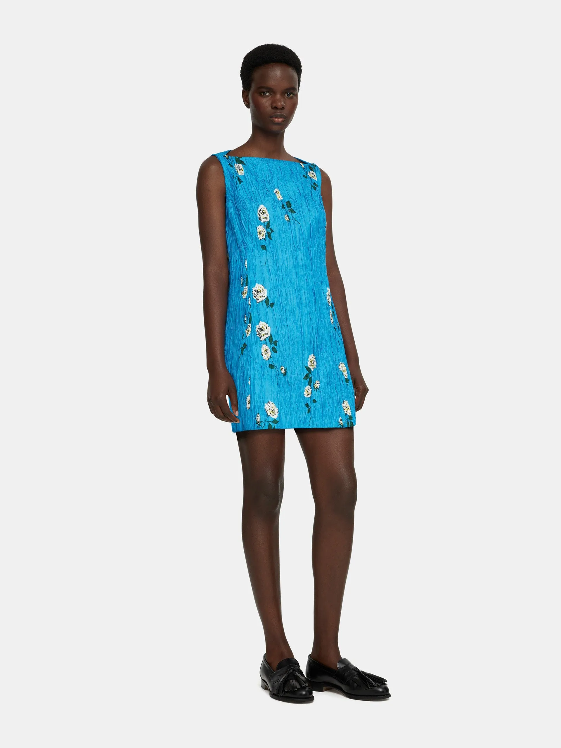 Fifer mini dress in electric blue floral printed twill