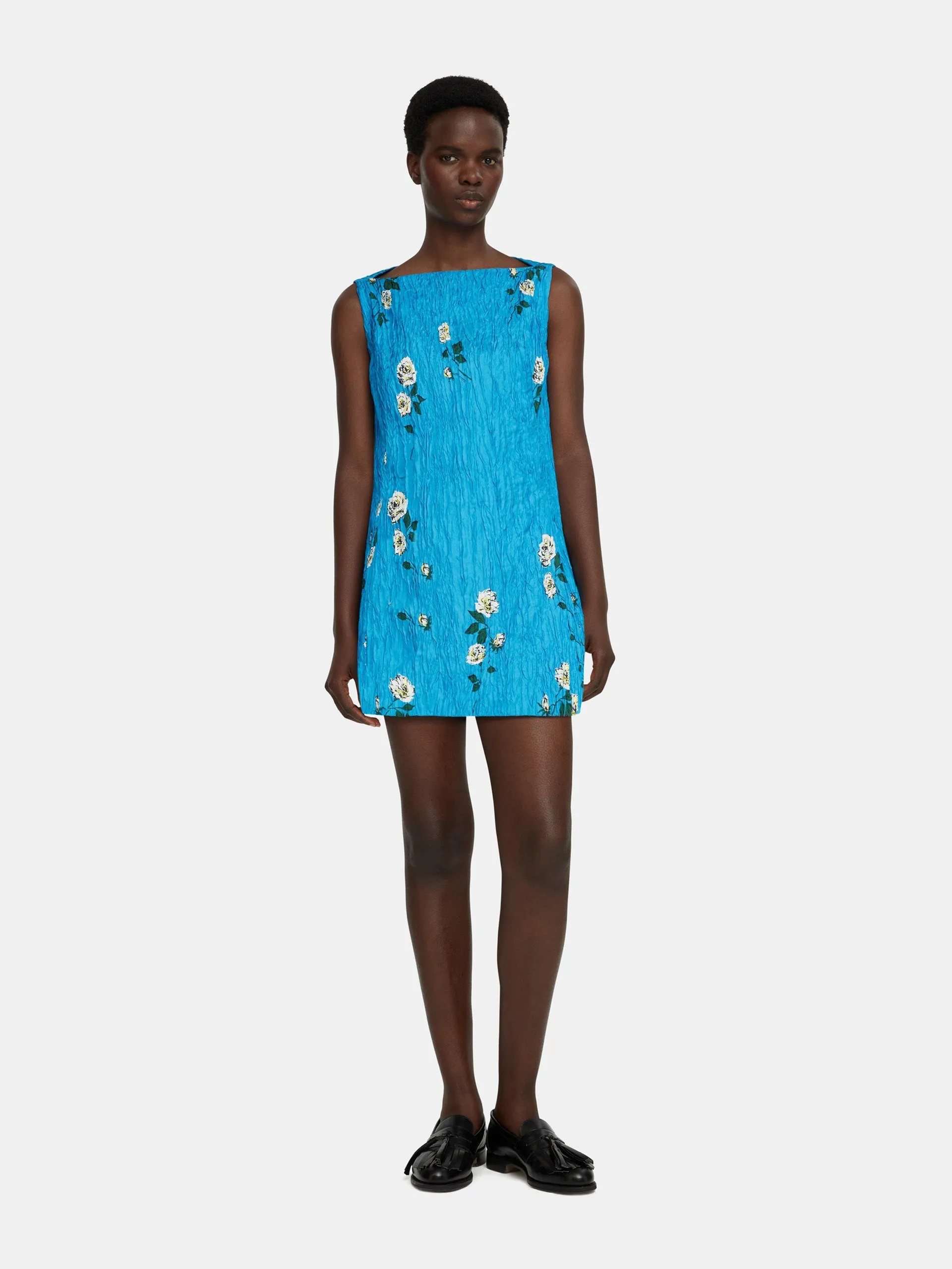 Fifer mini dress in electric blue floral printed twill