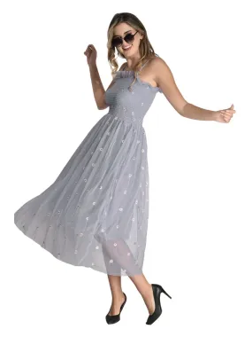 FIMS Fashion Women Embellished Net Floral Midi Fit & Flare Dress Grey