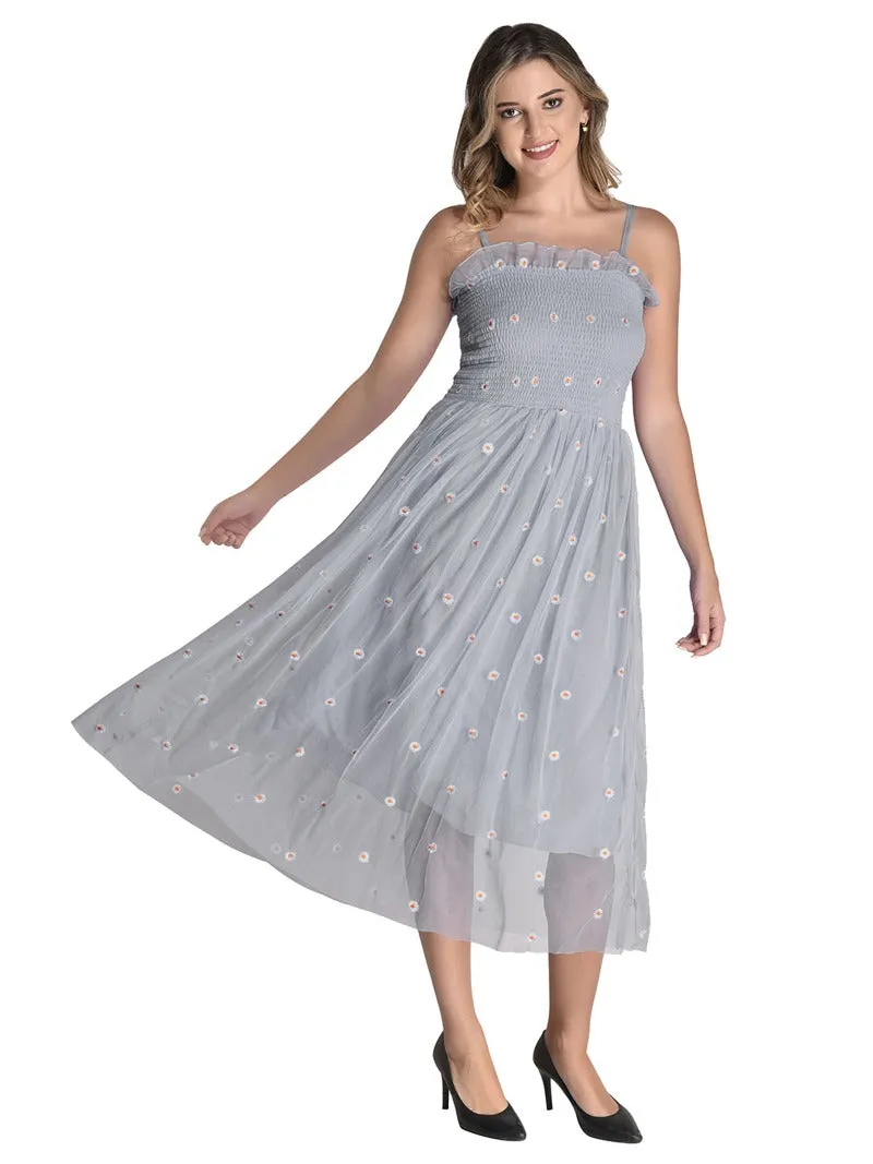 FIMS Fashion Women Embellished Net Floral Midi Fit & Flare Dress Grey