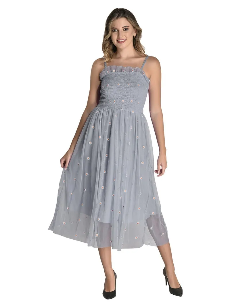 FIMS Fashion Women Embellished Net Floral Midi Fit & Flare Dress Grey