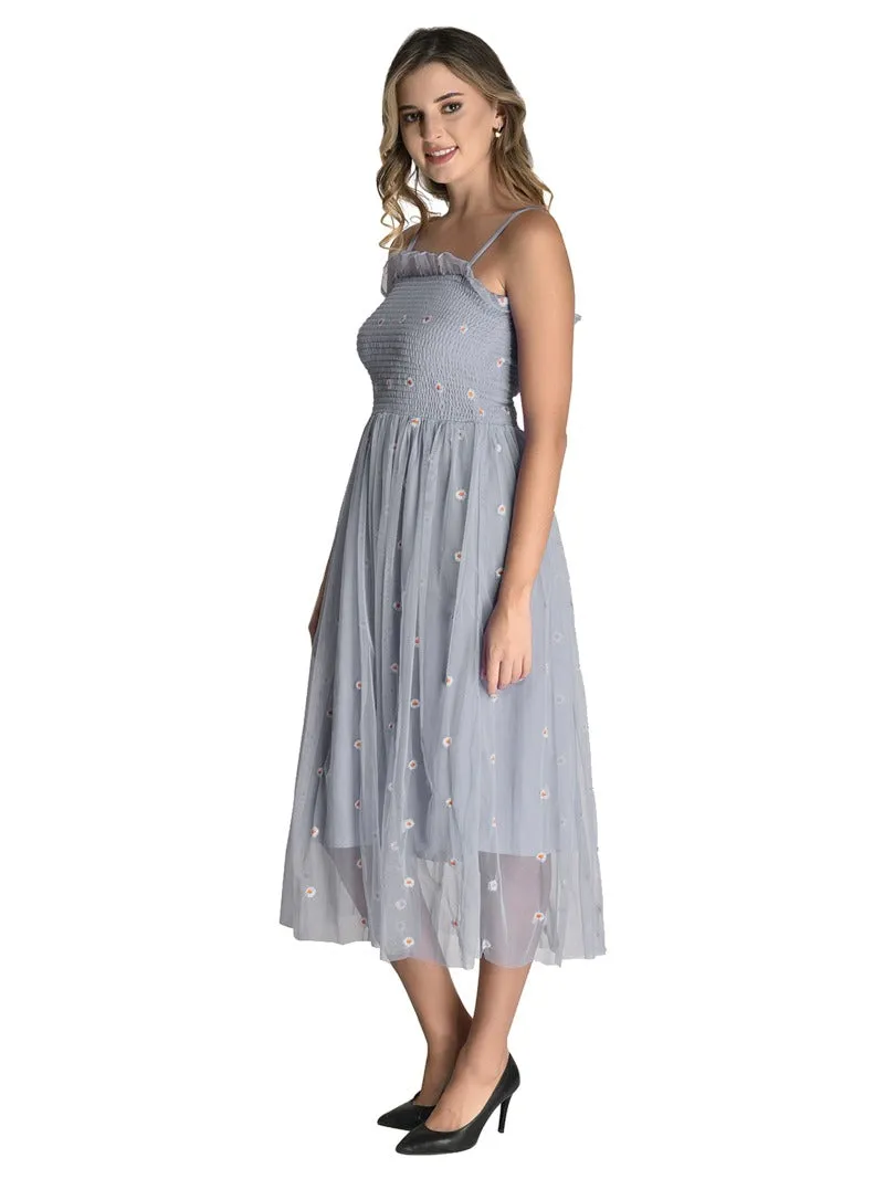 FIMS Fashion Women Embellished Net Floral Midi Fit & Flare Dress Grey