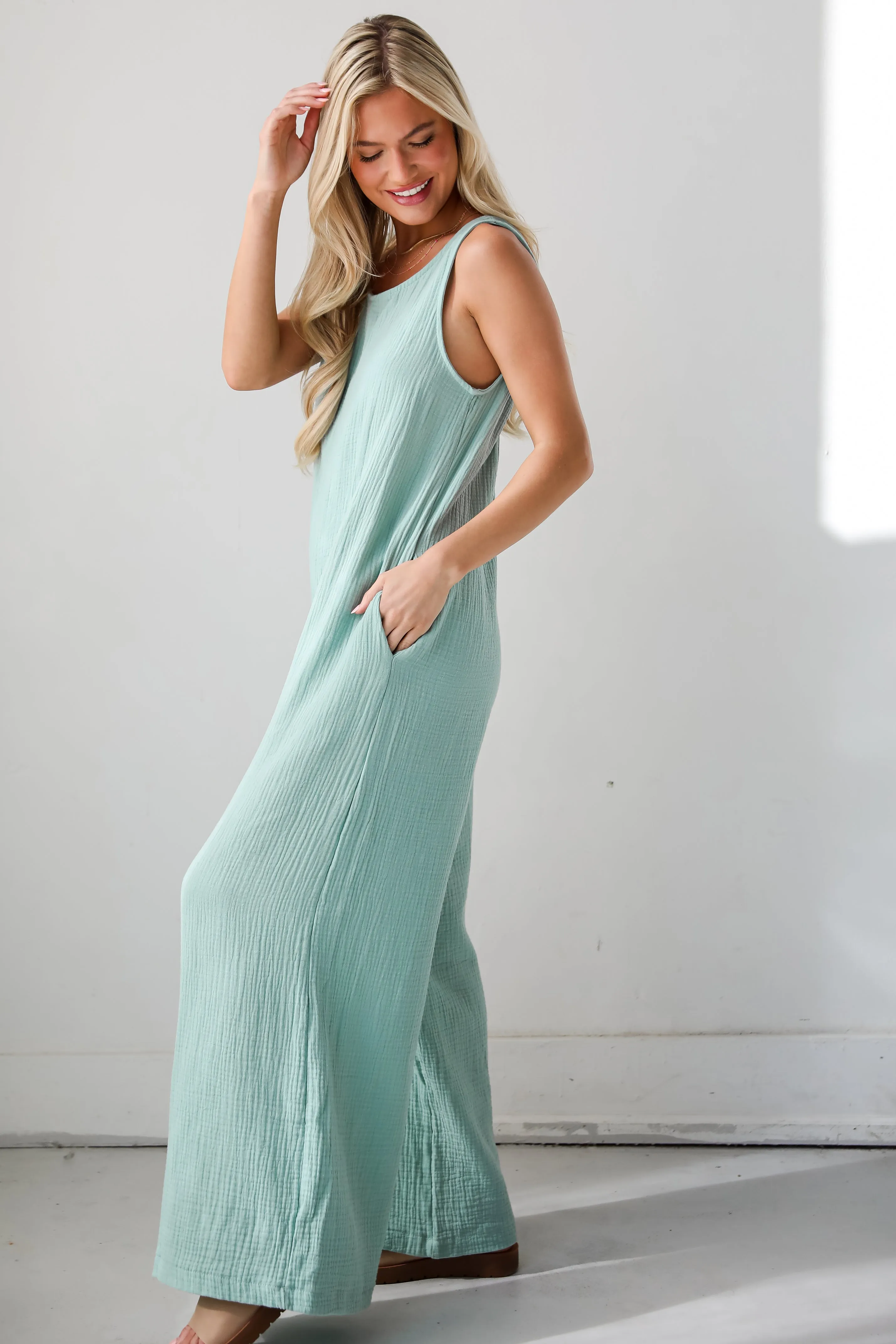 FINAL SALE - Iconic Personality Mint Linen Jumpsuit